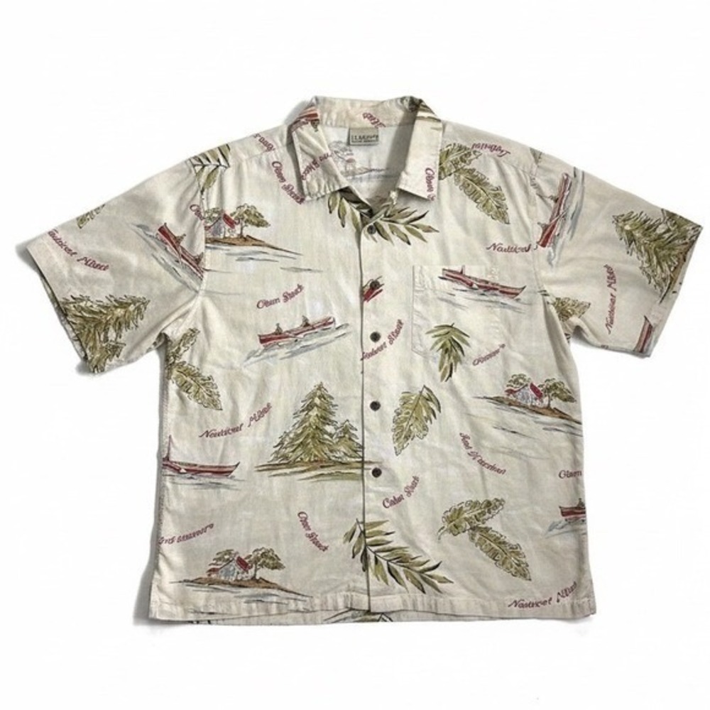 LL Bean Men XL Tall Camp Shirt Nautical Lobster Boat Print Cotton Rayon Coastal